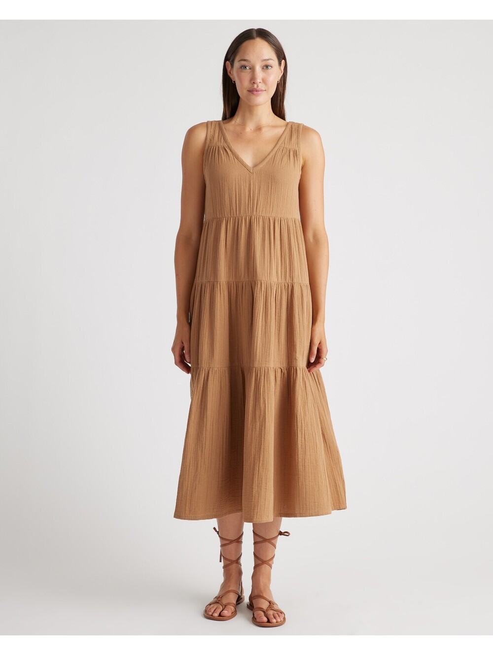 Quince Tan 100% Organic Cotton Gauze Tiered Maxi Dress Sleeveless size Medium